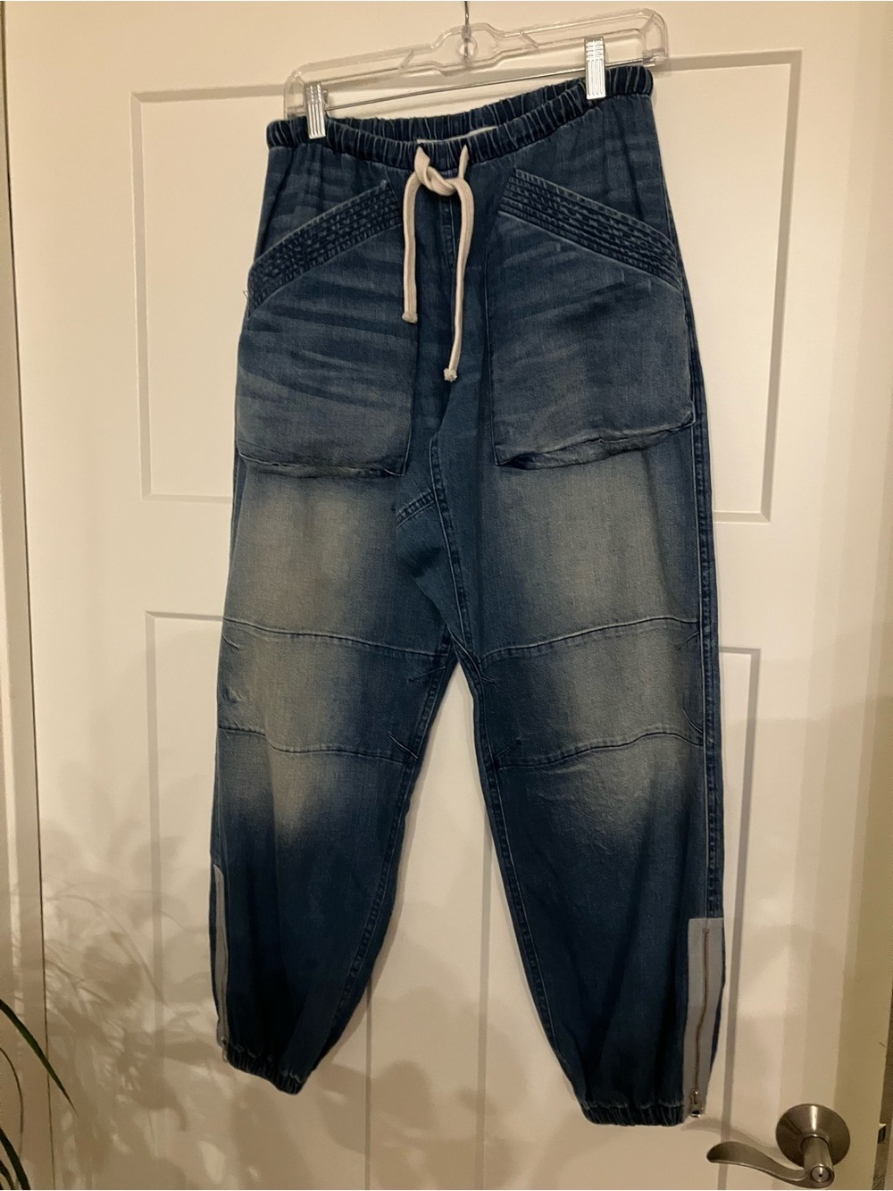 freecity Women's Washed Denim Jogger Pants in Faded Blue with Cream Drawstring